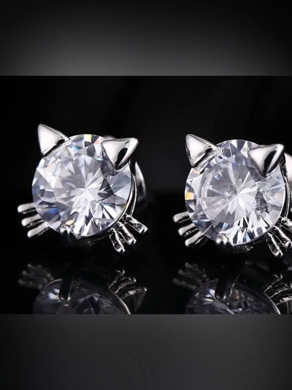 Sterling Silver Shiny 925 Kitty Cat Sparkling CZ Stud Earrings Brand New